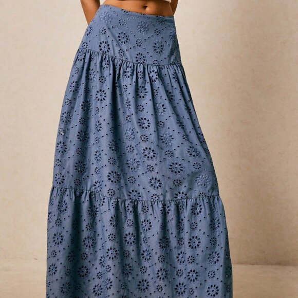 Blue Boho Women's Hollow Out Embroidered Ruffled Hem Skirt - Picture 3 of 6